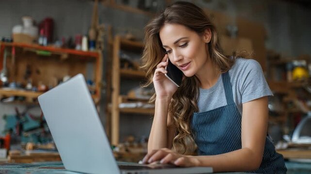 Master Craftsman on the Line: a skilled artisan seamlessly balances the worlds of technology and craftsmanship, engaging in a phone call while skillfully working on a laptop in her workshop.