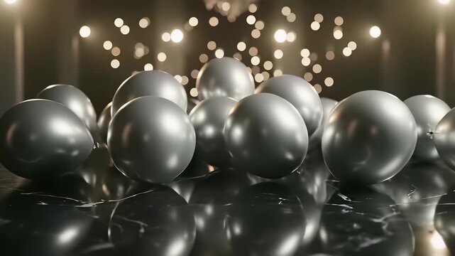 Sleek silver balloons hover effortlessly above reflective surface, evoking precision engineering and cutting edge technology, reminiscent of high end watches, perfect for futuristic.
