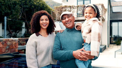 Portrait, woman and grandfather with child in new house for real estate, property purchase and security. Happy, family and moving in with grandchild, mortgage loan and bonding together in backyard