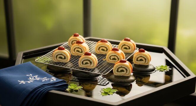 Japaneese cheesecake Elegant presentation of delicate Asian savory rolls, served on a dark, octagonal tray with a wire rack and garnished with red topping.