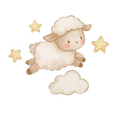 Hand drawn cute sheep jumping over cloud and stars kids print vector art