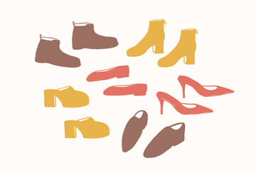 Shoes doodle on isolated background. Hand drawn sketch of men's footgear, women's pumps, ballet flats, clogs, ankle boots. Shoe repair shop, vintage footwear, boot store. Vector illustration