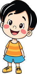Delighted boy in orange striped shirt and blue shorts stands in transparent background cartoon illustration