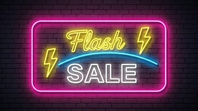 Vibrant neon flash sale sign glowing on brick wall with lightning bolts and curved blue light
