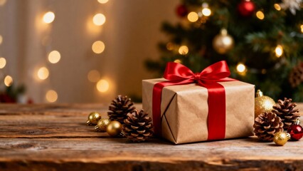 A wrapped Christmas gift with a red ribbon sits on a wooden table beside pinecones and ornaments, with a decorated tree and warm lights in the background.