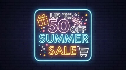 Vibrant neon sign announces up to fifty percent off summer sale with gift box and shopping cart