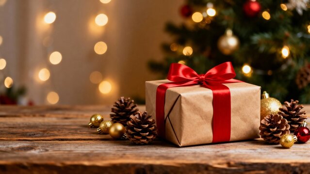 A wrapped Christmas gift with a red ribbon sits on a wooden table beside pinecones and ornaments, with a decorated tree and warm lights in the background.