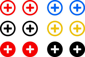 Plus add icon set. Positive sign. Horizontal line with vertical bar, plus symbol inside circle outline and solid for add actions, increase functions, quantity adjustment, controls. Vector PNG JPG