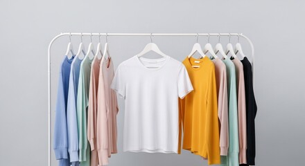 Obraz premium Organized Clothing Rack Collection Stylish Apparel Display Wardrobe Essentials Minimalist Fashion Choices Retail Ready Garments Trendy Clothes Fresh Look Seasonal Style