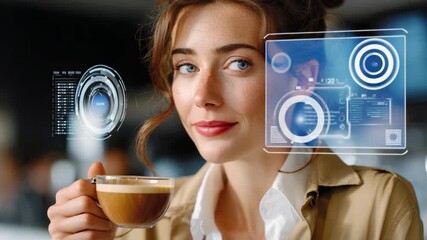 Digital Connection: A woman sips her morning coffee while virtual augmented reality interface overlays hover in front of her. This image captures the intersection of technology and everyday life. - Powered by Adobe