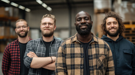 A professional IT specialist team of 4 male coworkers in their 30s in front of a blurred warehouse, one in a plaid shirt