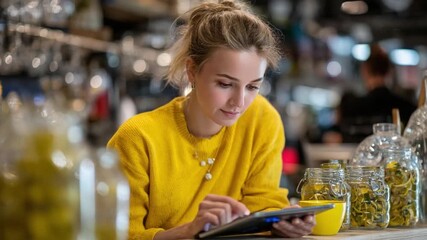 Shopkeeper at Work: A diligent shopkeeper meticulously manages her tasks, utilizing a tablet to oversee her business operations. The ambiance conveys professionalism and meticulous attention.