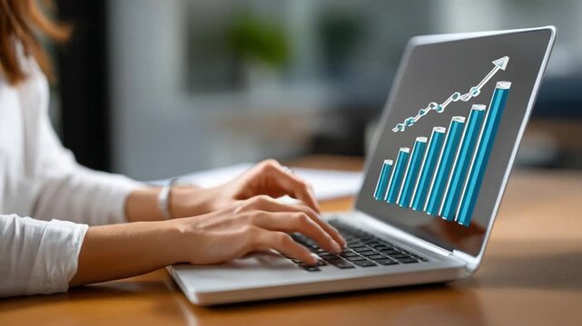 Data Analysis on Laptop: A professional meticulously analyzes financial data on a modern laptop, monitoring the upward trajectory of a bar graph indicating business growth.