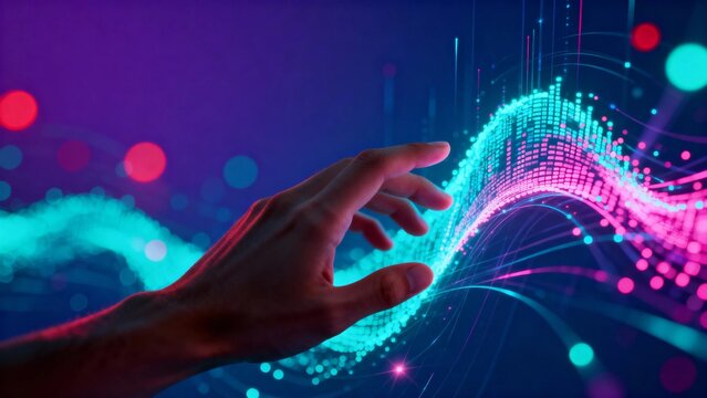 A hand reaching toward a glowing, colorful digital wave in a futuristic space