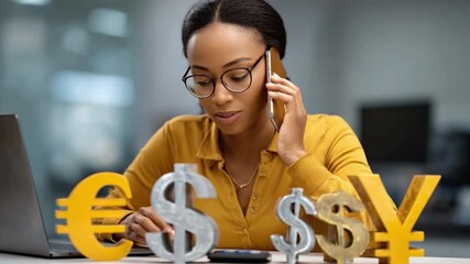 Currency Expert at Work: A financial professional consults on a phone call, surrounded by currency symbols, showcasing expertise in international finance and global markets. 