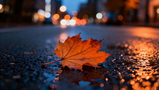 A single autumn leaf rests on a wet city street at dusk, illuminated by warm streetlights.