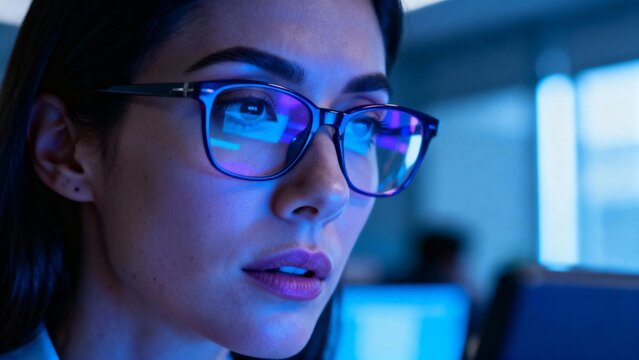 Woman wearing glasses focused on computer screen in office environment