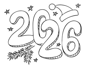 Bold 2026 numbers with festive stars, fir branches and a Santa hat create a cheerful holiday outline illustration. The concept highlights new year celebration, winter season and festive decoration