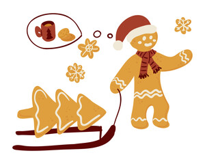 A gingerbread character in a Santa hat pulls a sled of tree-shaped cookies while dreaming of hot cocoa and treats. The concept represents Christmas joy, winter fun and festive holiday treats