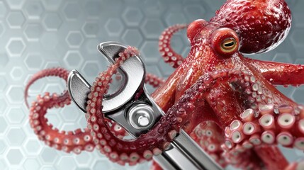 Fototapeta premium Realistic Octopus Holds Wrench and Nut to Symbolize Innovative Engineering Services for Industrial Applications