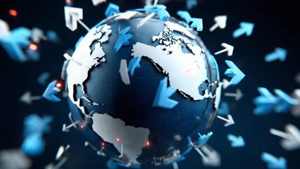 Global Connection: A visual representation of the interconnected world, with arrows encircling a globe, highlighting concepts of worldwide reach and networks.  - Powered by Adobe