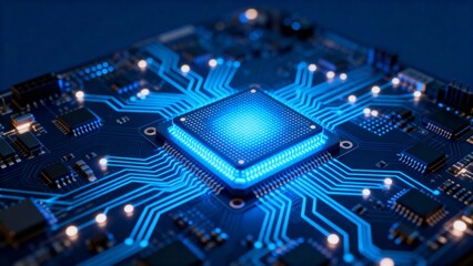 Close-up of a glowing blue microprocessor on a circuit board with illuminated pathways