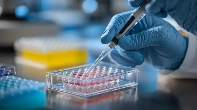 Close-up gloved hands transferring antibody solution micro volume into sterile micro plate, premium science magazine style, monoclonal antibody therapy