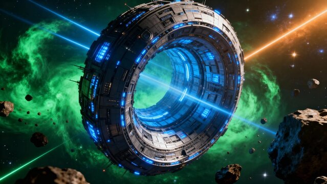 A futuristic ring-shaped space station orbiting in a vibrant nebula with glowing blue lights and surrounding asteroids. - Powered by Adobe