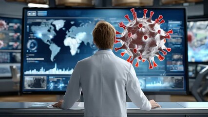 COVID-19 Analysis: A medical professional intently analyzes data on multiple screens in a modern laboratory, with a 3D model of a virus. - Powered by Adobe