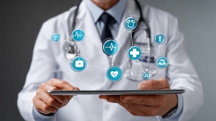 Healthcare technology at fingertips: A doctor utilizes a tablet to visualize interconnected medical icons, symbolizing the future of healthcare and its technological integration. - Powered by Adobe