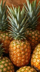 Vertical banner, wallpaper for social media of vibrant and colorful still life photograph of fresh pineapples with intricate details and lush green leaves, set against a warm and inviting wooden
