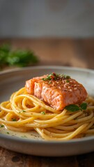 Vertical banner, wallpaper for social media of Artistic portrait photography of a delicate dish of salmon pasta, with a focus on the interplay of light and shadow, warm golden colors
