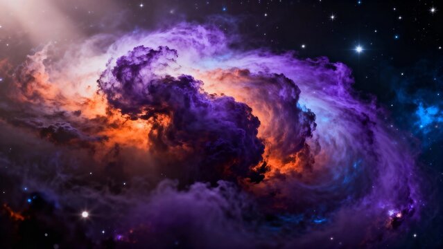 Vibrant nebula with swirling purple and orange clouds in deep space - Powered by Adobe