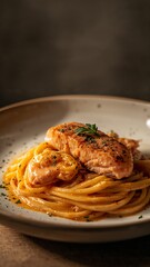Vertical banner, wallpaper for social media of Artistic portrait photography of a delicate dish of salmon pasta, with a focus on the interplay of light and shadow, warm golden colors
