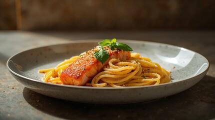 Artistic portrait photography of a delicate dish of salmon pasta, with a focus on the interplay of light and shadow, warm golden colors, and a shallow depth of field, showcasing the tender salmon