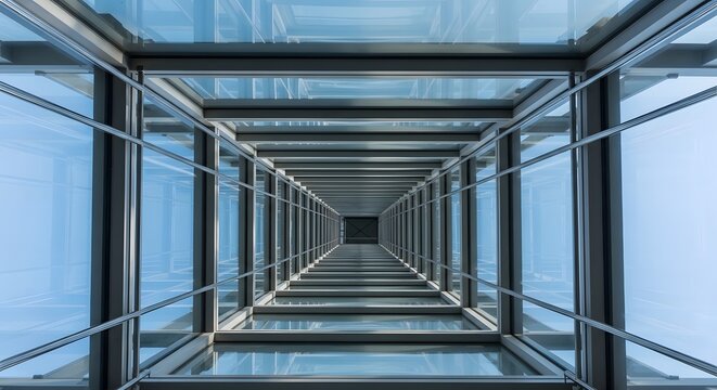 Low angle worm's eye view looking up at a modern geometric glass building elevator shaft or atrium - Powered by Adobe