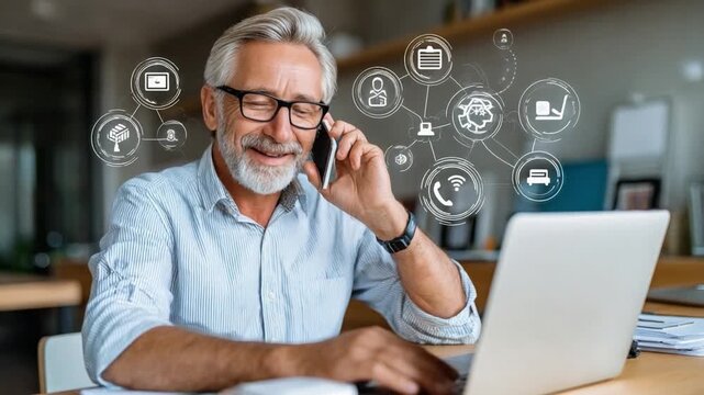 Smart communication: An elder individual is engaged in a phone call at the office. Illustrated by a network of smart digital icons representing connectivity, cybersecurity, and data management. - Powered by Adobe