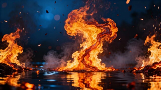 Flames rising from water at night with sparks and reflections - Powered by Adobe