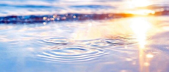 Close-up of water surface with concentric ripples, reflecting the warm glow of a sunset and creating bokeh highlights.