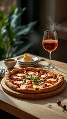 Vertical banner, wallpaper for social media of ultra-realistic food photograph pizza saumon placed on a light wooden table, with warm natural light coming from the left. board or white plate