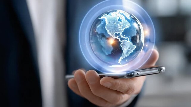 Global Connectivity at Your Fingertips: A business person, cradles a phone in hand, and is represented by the globe. Signifying the power of communication and global connectivity