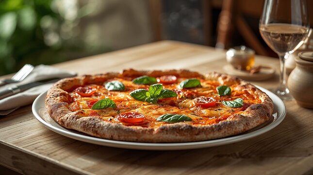 ultra-realistic food photograph of a pizza placed on a light wooden table, shot with warm natural light coming from the left side. wooden board, same cozy Italian restaurant lighting. pizzas