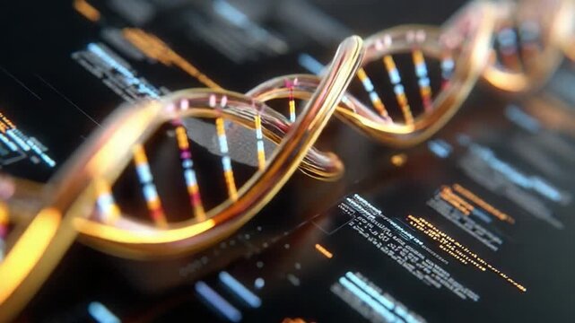 DNA Structure Visualization: A dynamic and intricate view of a DNA double helix, revealing the essence of life's blueprint against a futuristic technological backdrop.