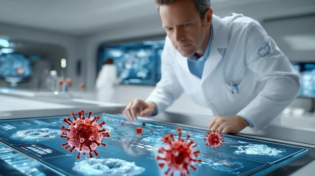 Scientist's Pandemic Study: A focused scientist, enveloped by the ambiance of a high-tech laboratory, delves deep into the study of the coronavirus, embodying the forefront of scientific research.
