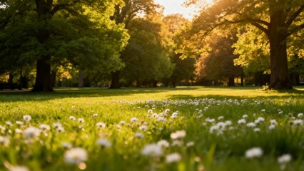 Sunlit park meadow with daisies and trees at golden hour