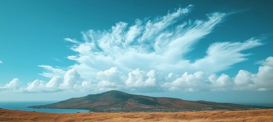 Tranquil coastal land scenery with sunlit grassland beneath a clear blue sky and fluffy white clouds