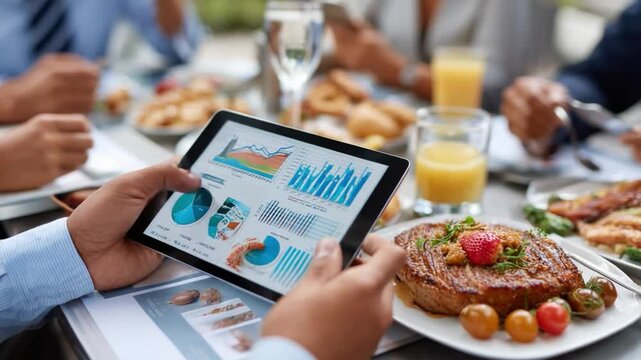 Data and Delight: A close-up shot of a person using a tablet to analyze data while enjoying a meal. This image juxtaposes technology with gastronomy.