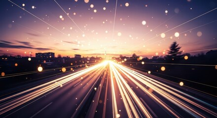Blurring highway lights at sunset capturing speed and connectivity with a digital glow overlay
