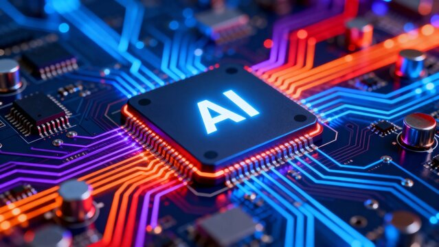AI chip on a circuit board with illuminated pathways and electronic components