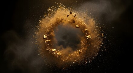 Abstract circle frame made of exploding gold glitter dust and nugget particles on a dark background